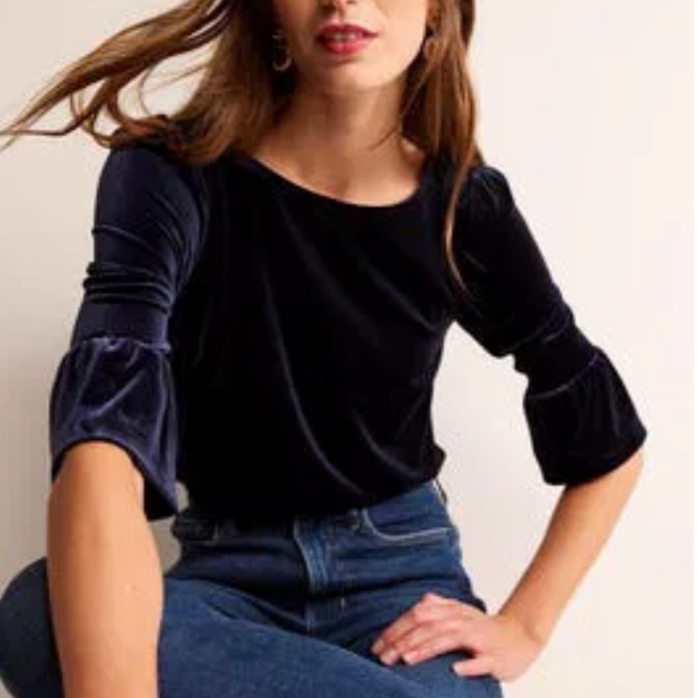 Boden navy blue Velvet Ruffle-Cuff 3/4 sleeve sleeve Top size XL NWT